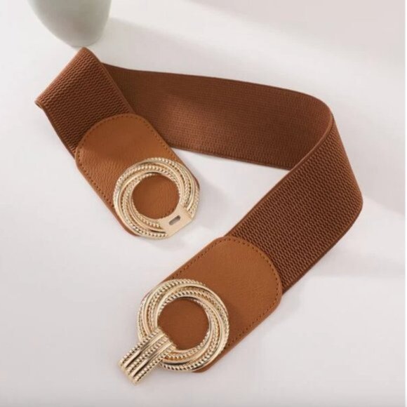 Brown Round Buckle Wide Elastic Belt - Picture 2 of 6